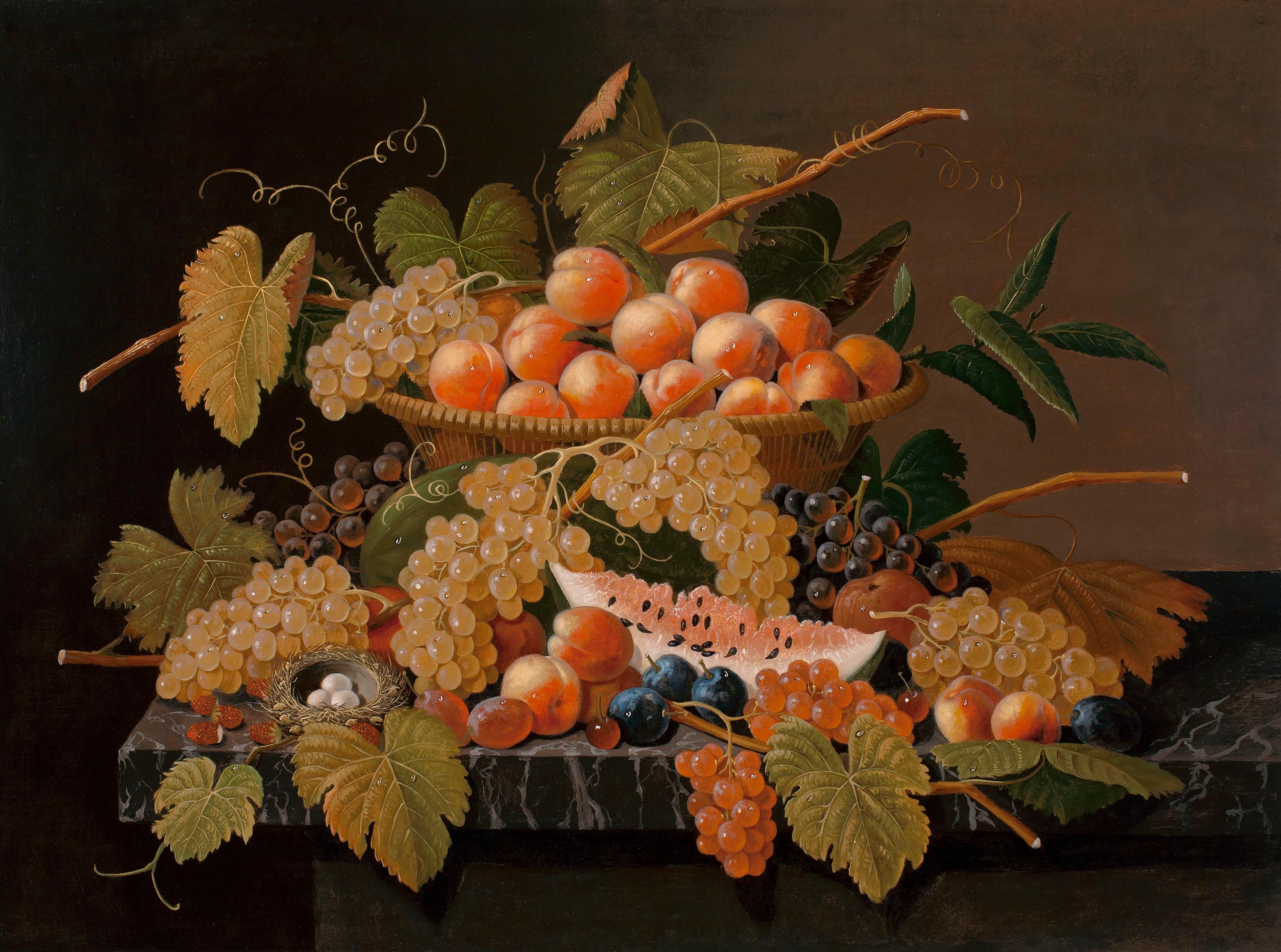 Still Life with Fruit and a Bird's Nest - Painting by Severin Roesen
