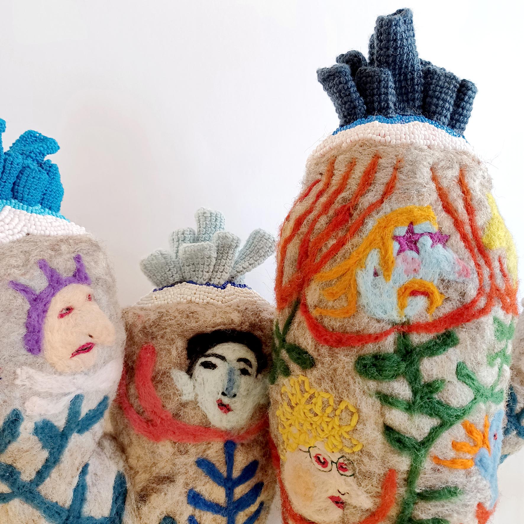 Severine Gallardo
Figures, 2021
Yarn, embroidery, pearl, and ceramic headdress
18½ x 24¾ x 10¼ in.
47 x 63 x 26 cm.