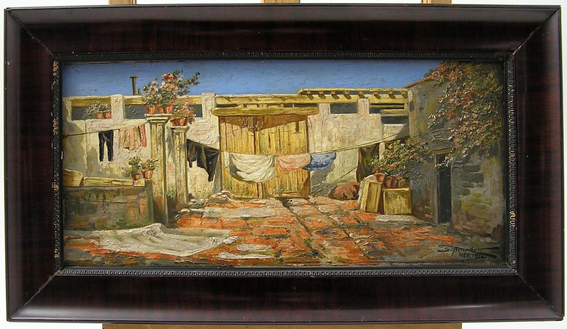 Severo Amador (1886 - 1931) Yarda de la Corte Mexique peinture à l'huile sur panneau 1920 en vente 1
