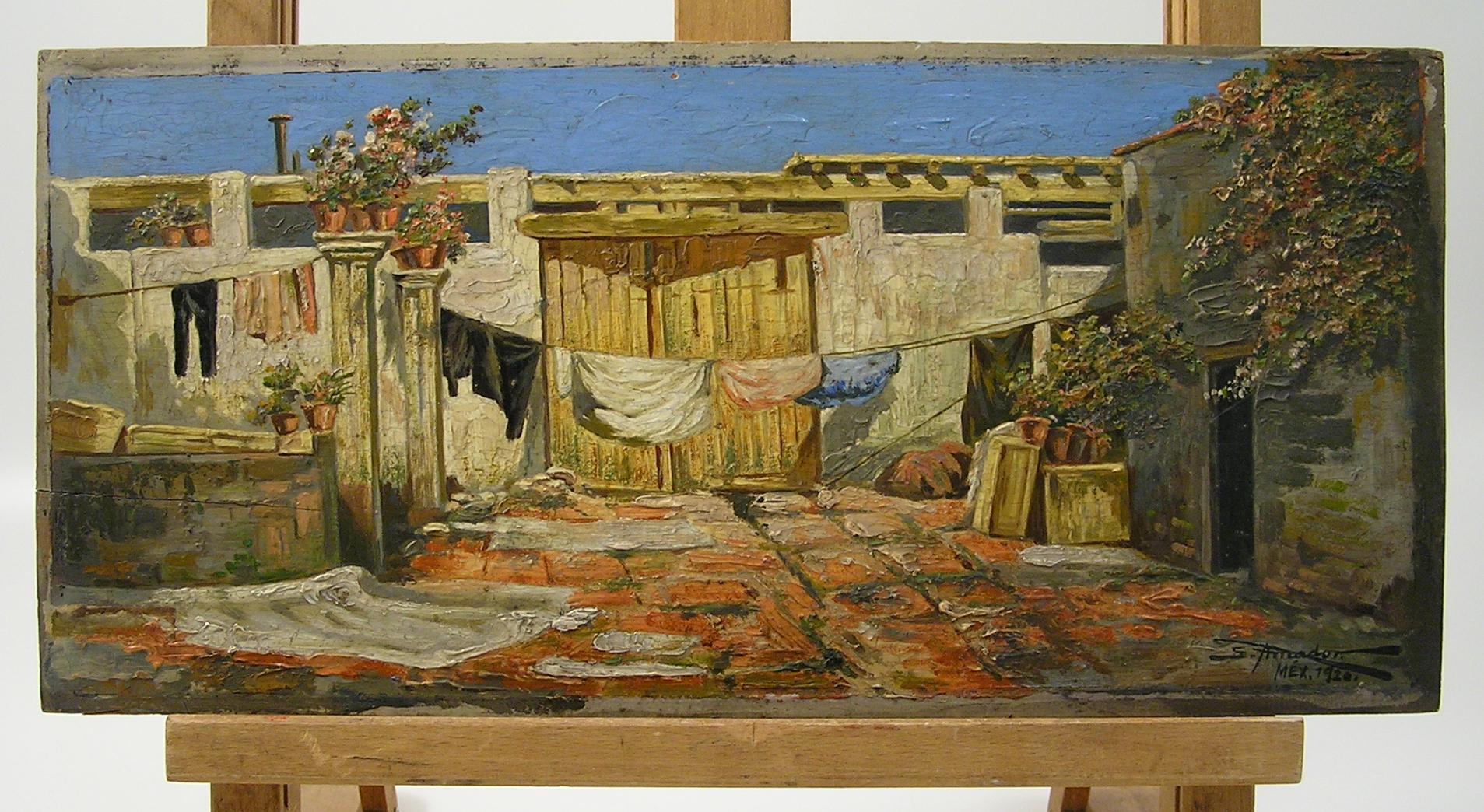 Severo Amador (1886 - 1931) Yarda de la Corte Mexique peinture à l'huile sur panneau 1920 en vente 5