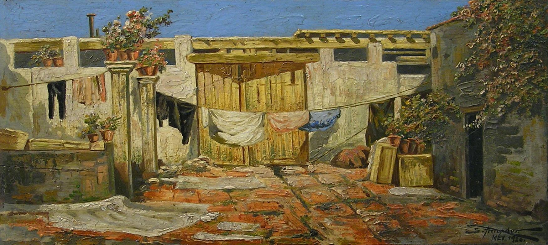 Severo Amador (1886 - 1931) Yarda de la Corte Mexique peinture à l'huile sur panneau 1920 en vente 2
