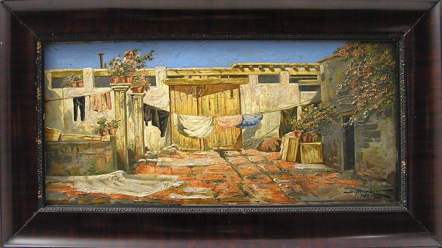 Severo Amador
(Mexicain, 1886 - 1931)

Yarda de la Corte - Une cour mexicaine à midi

•	Huile sur panneau, environ 19 x 39 cm
•	Cadre, environ 26 x 46 cm
•	Signé en bas à droite et daté de 1920

Un tableau exceptionnel de cet intéressant peintre