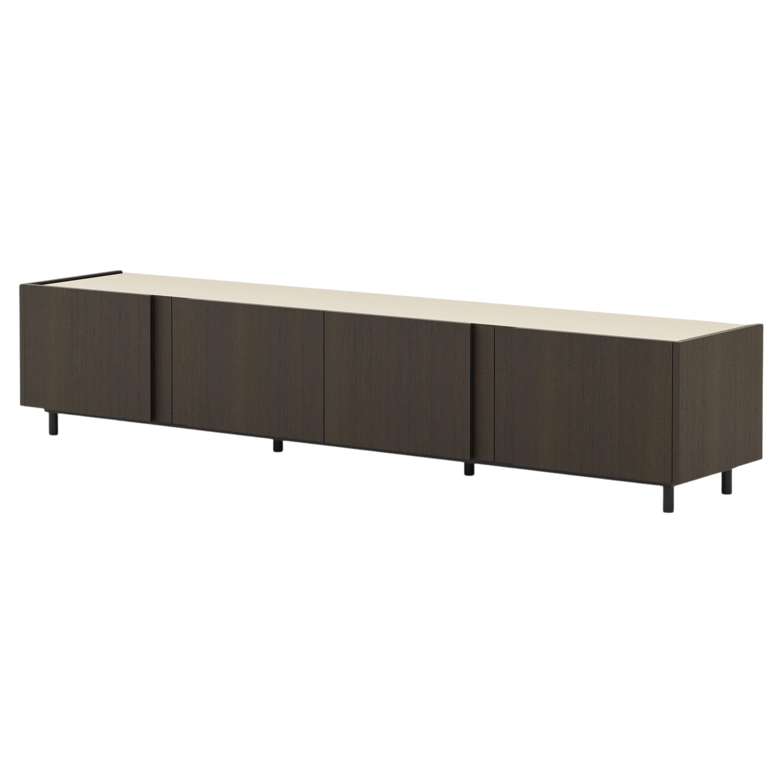 Modern style Sevilha Tv Cabinet made with Walnut, iron and glass, Handmade For Sale