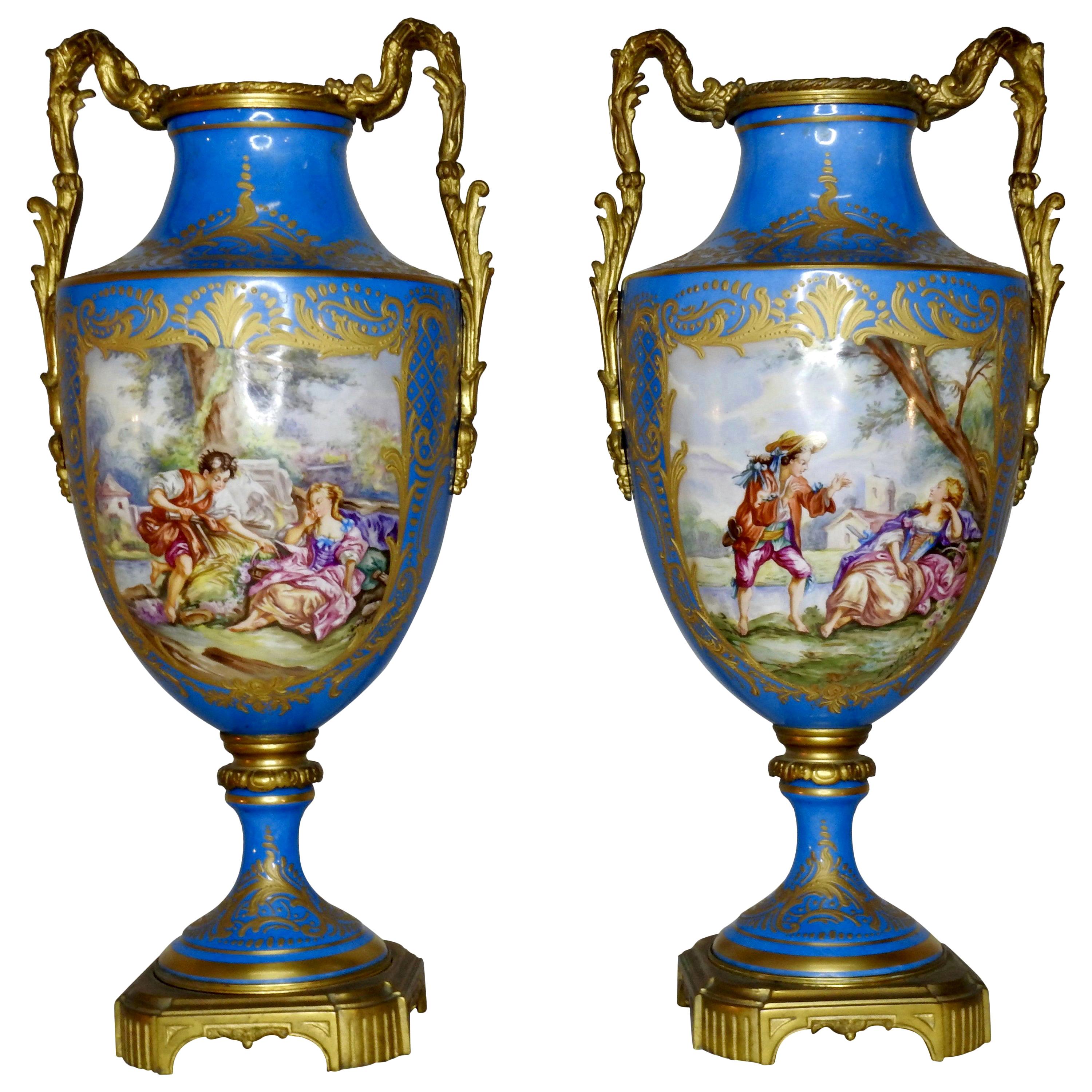 Sevre Urns Painted by E.F. Roger, 19th Century For Sale