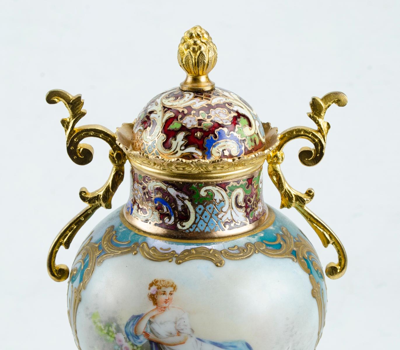 French Sevres Amphora with Champleve Enamel For Sale