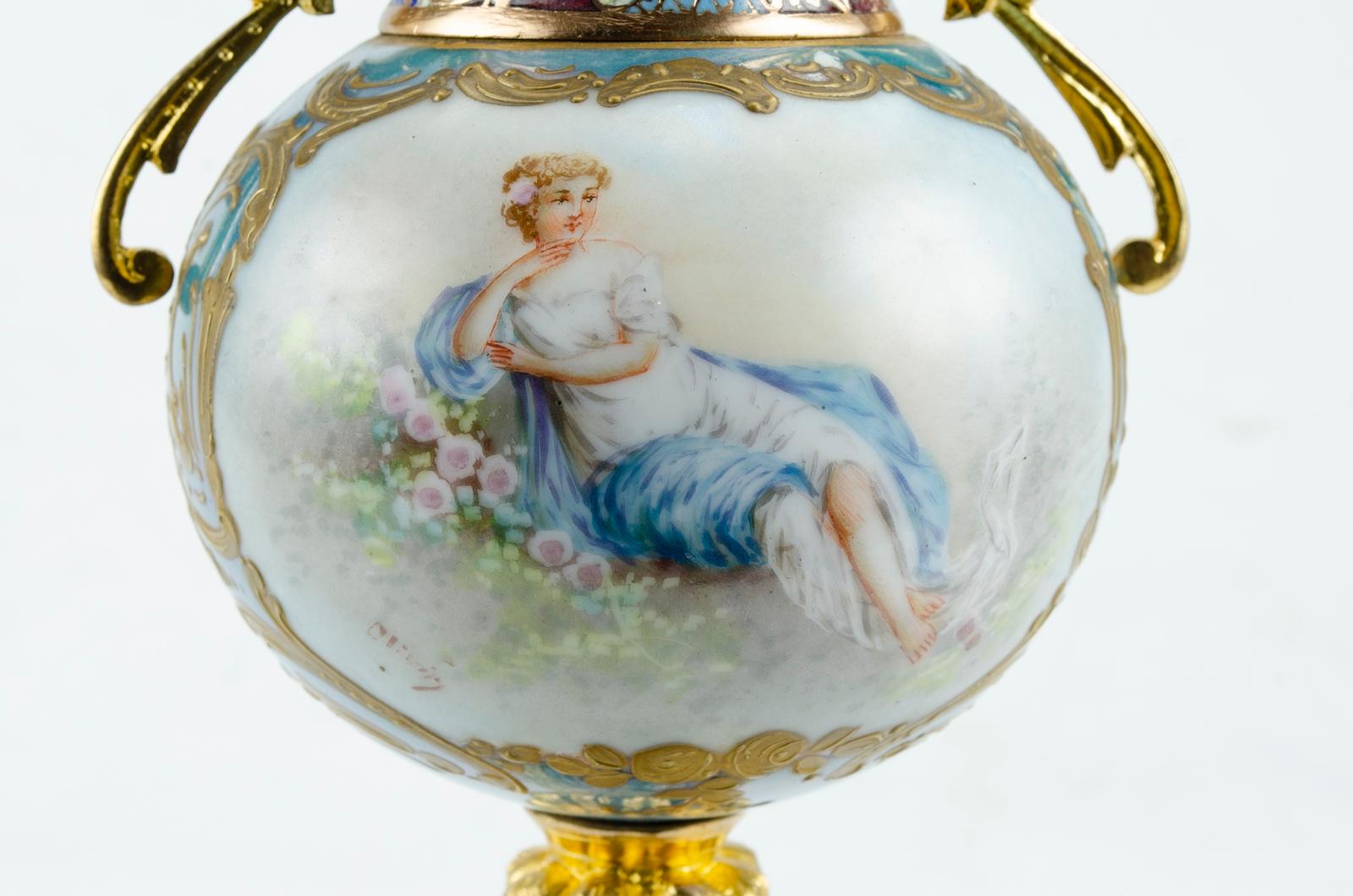 Hand-Painted Sevres Amphora with Champleve Enamel For Sale