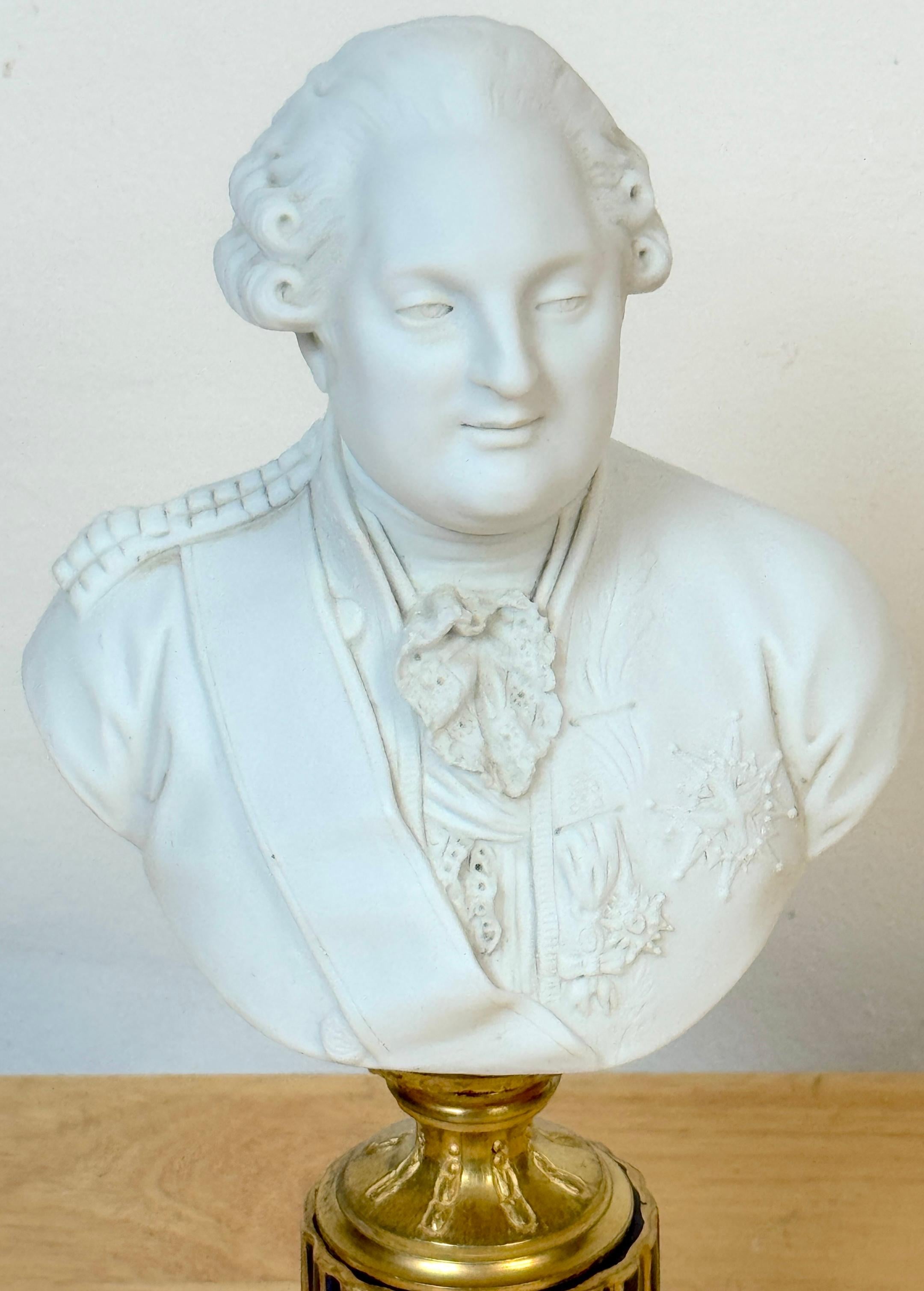 French Sevres (Atrib.) Bust of Louis XVI Biscuit, Cobalt & Ormolu, Late 19th Century For Sale