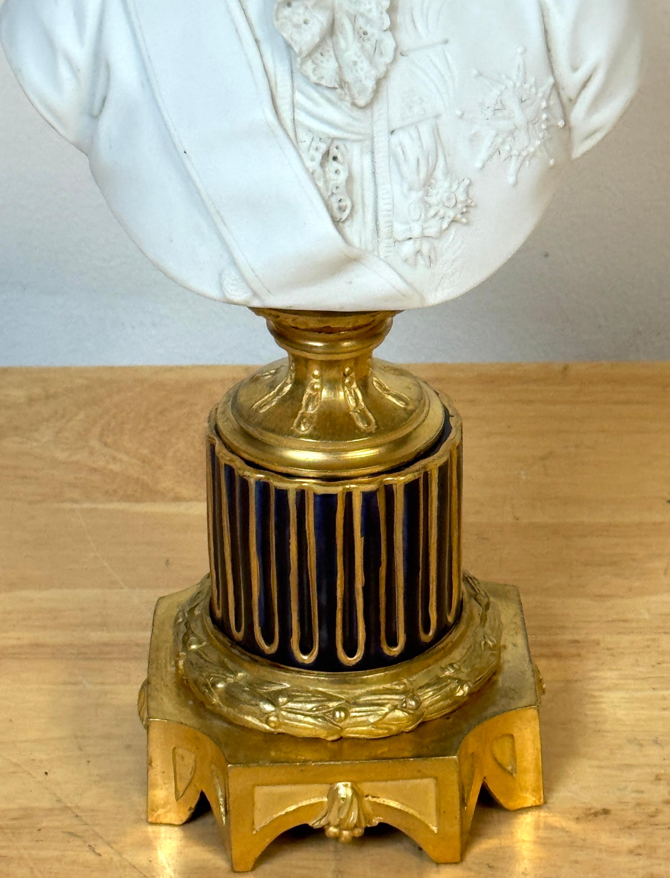 Gilt Sevres (Atrib.) Bust of Louis XVI Biscuit, Cobalt & Ormolu, Late 19th Century For Sale