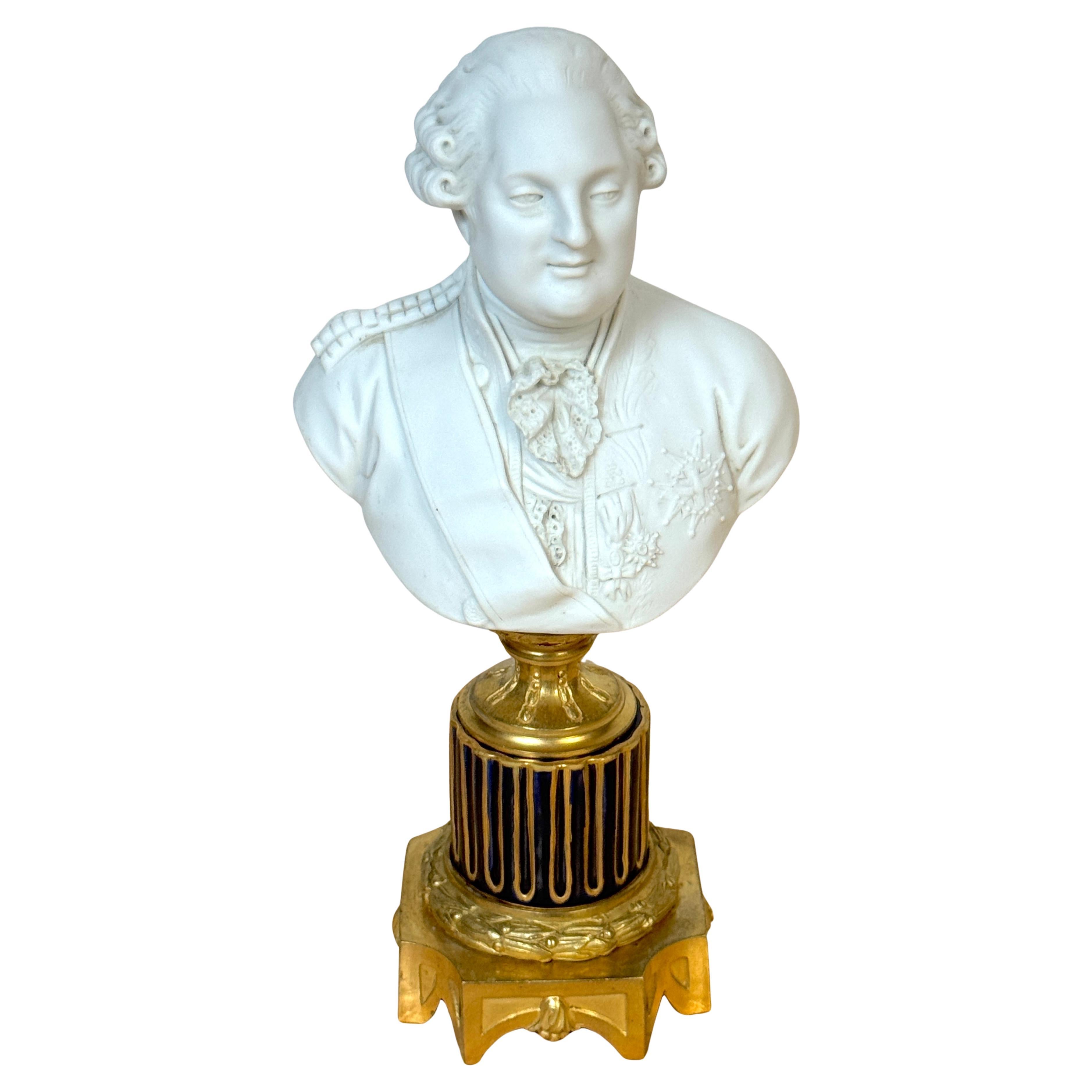 Sevres (Atrib.) Bust of Louis XVI Biscuit, Cobalt & Ormolu, Late 19th Century For Sale