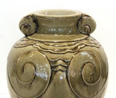 Sevres Attributed French Art Deco Stoneware Vase in Celadon Green