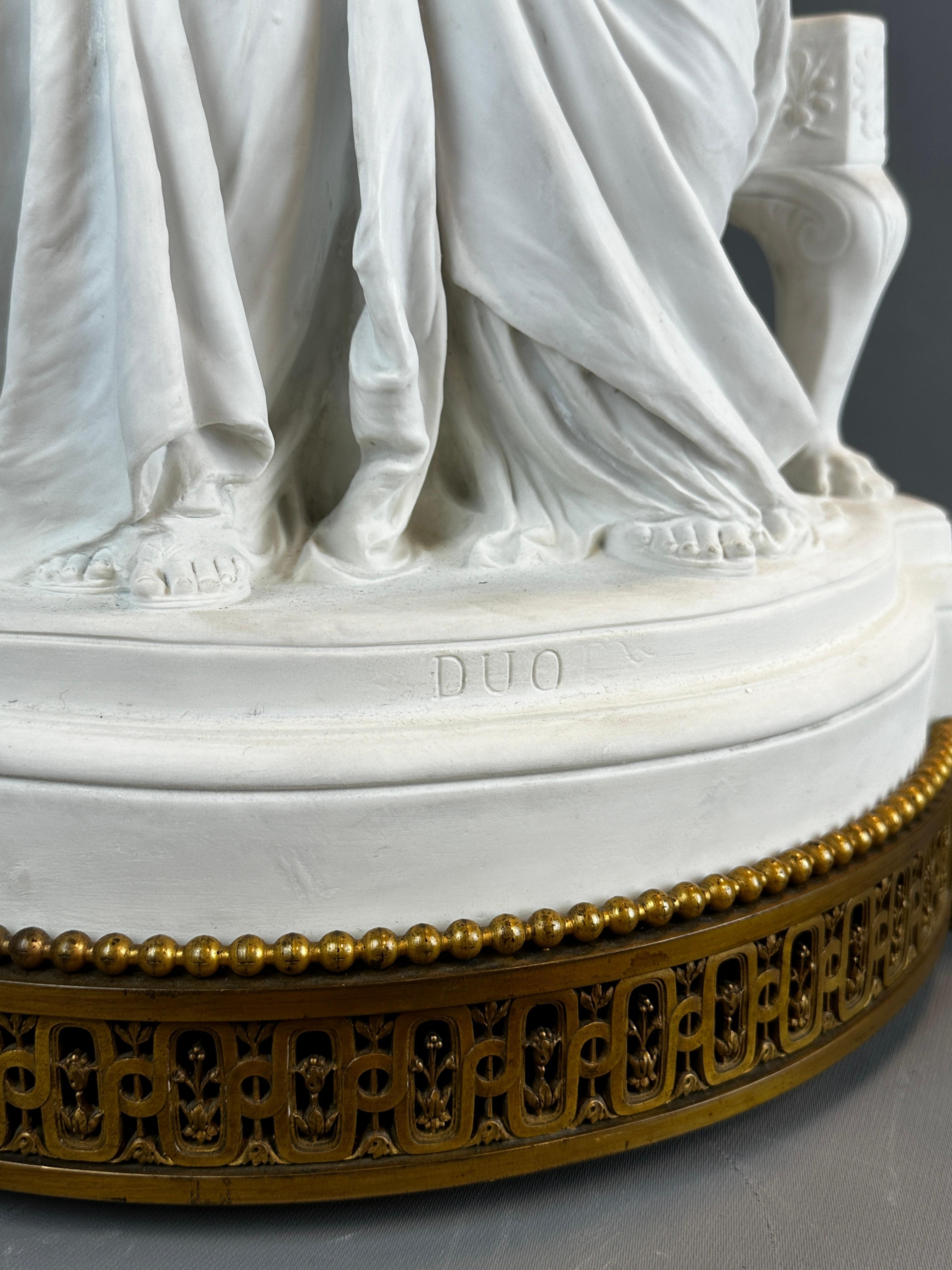 An imposing Sevres biscuit porcelain group entitled 'Duo'. 
Signed Lanteri (Edouard Lanteri (1848-1917)) on the base, sculptor of royal factory of Sevres.
Remarkable size and perfect, original condition, standing on a beutiful gilded bronze base.