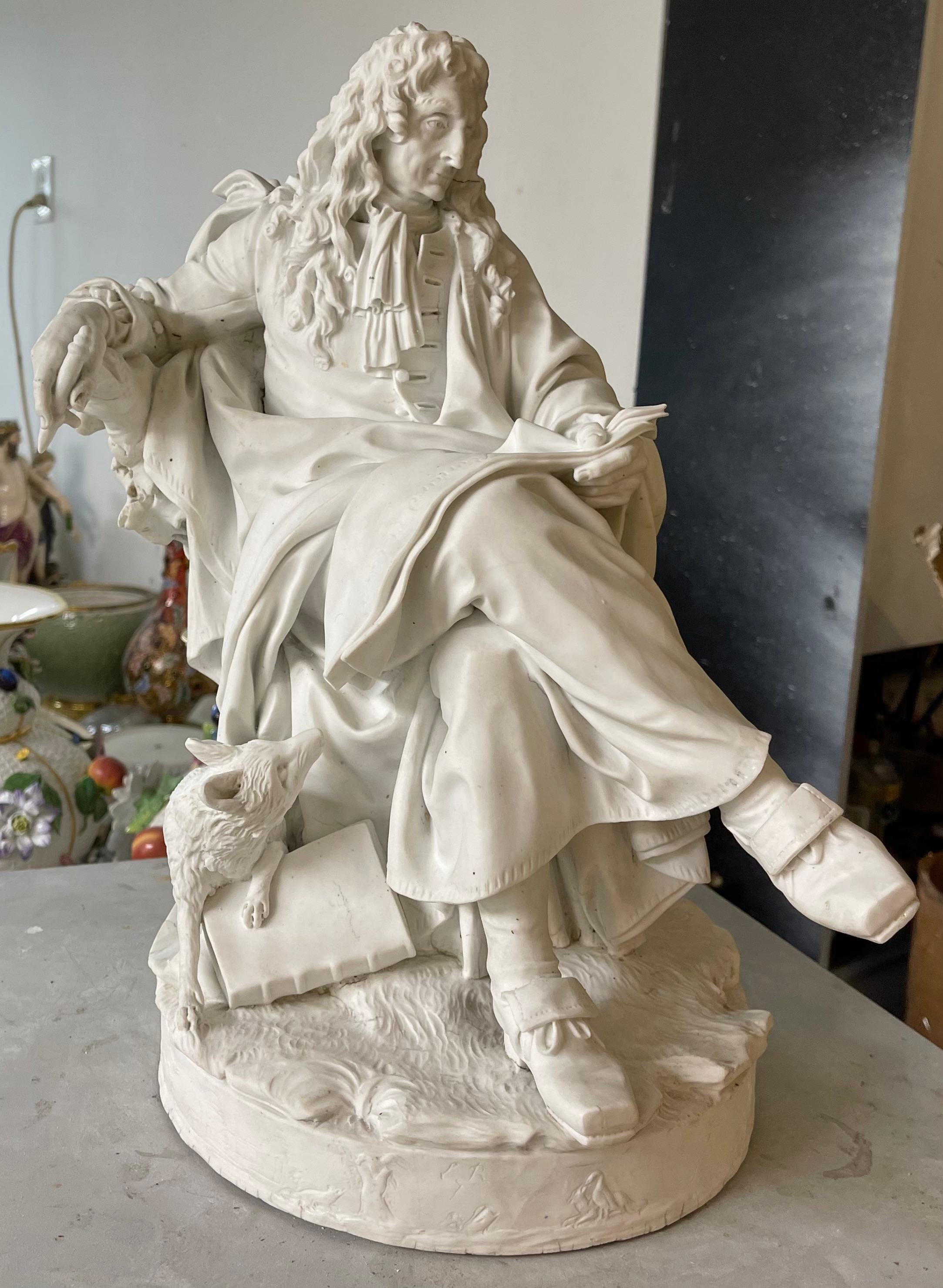 A SEVRES (HARD PASTE) BISCUIT FIGURE OF 'JEAN DE LA FONTAINE' FROM THE SERIES OF 'LES GRANDS HOMMES'
circa 1784, INCISED L R 7 TO BASE AT FRONT 
Modelled by Pierre Julien (1731-1804) and produced at Sevres in Biscuit Porcelain in 1784. Under the