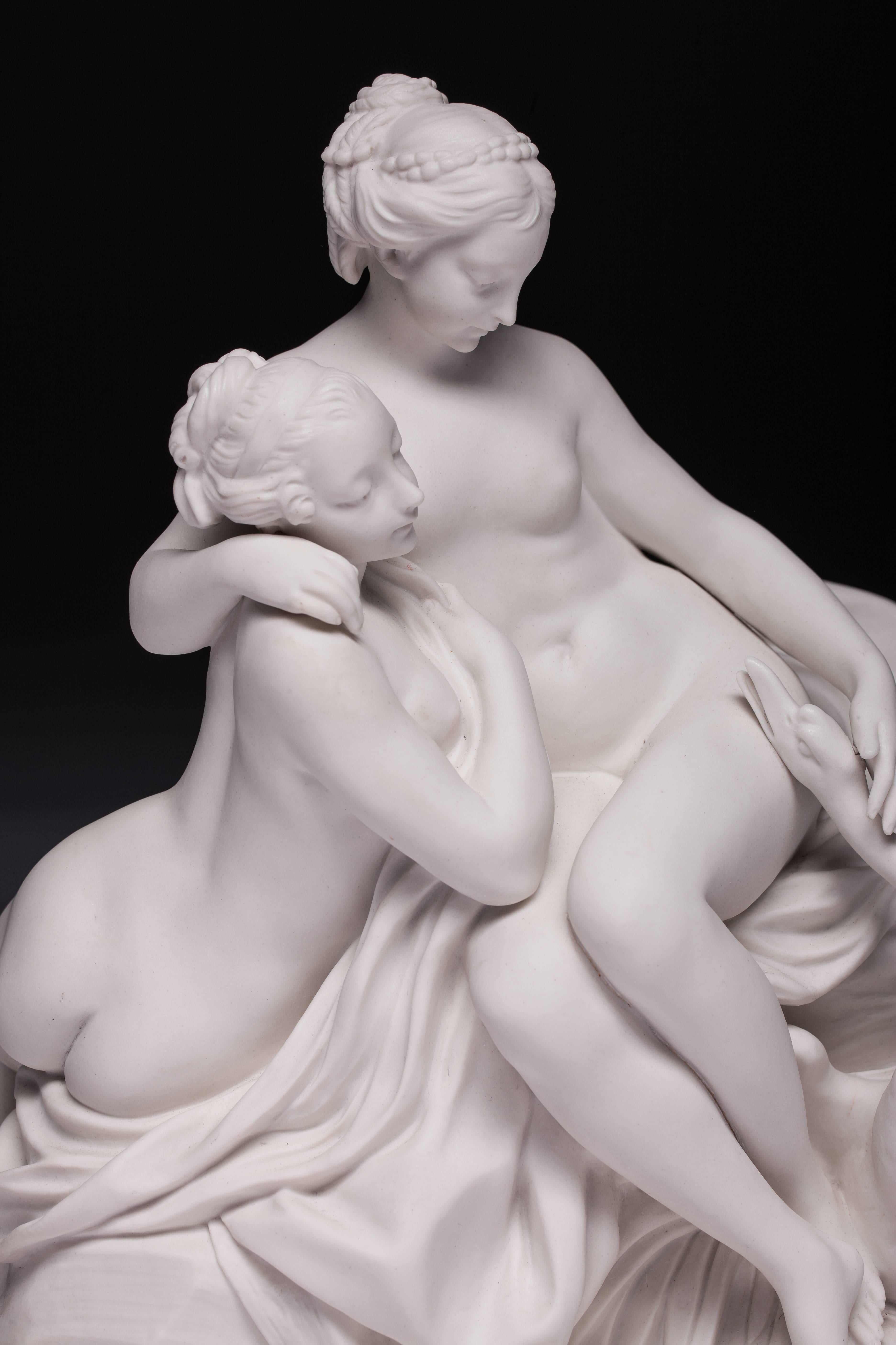 The unusually large Sevres biscuit porcelain group depicts Leda patting the neck of Jupiter who is disguised as a swan. The piece was first modeled by Etienne-Maurice Falconet in 1764 after the painting by Boucher. [The swan’s wing and her head are