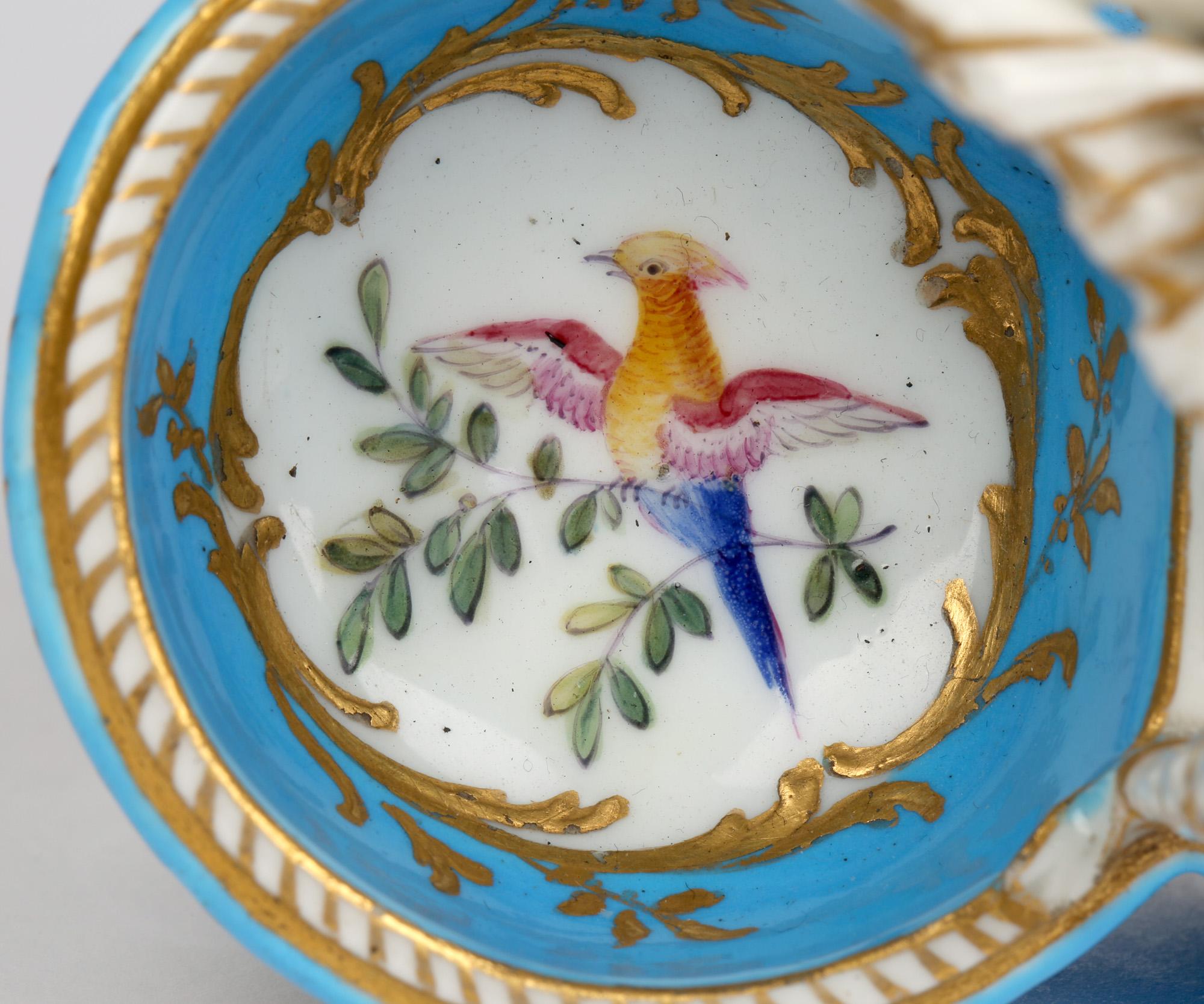 Sèvres Bleu Céleste Porcelain Triple Salt Painted with Birds by Theodore C.1770 2