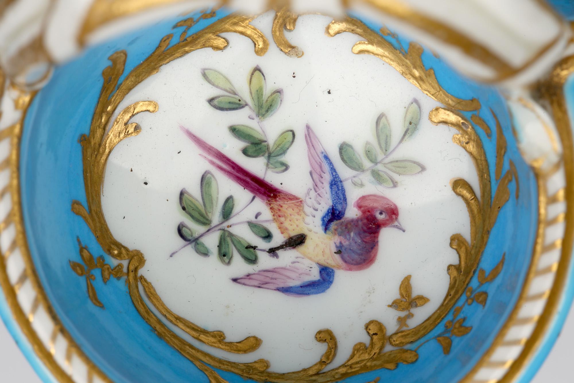 Sèvres Bleu Céleste Porcelain Triple Salt Painted with Birds by Theodore C.1770 4