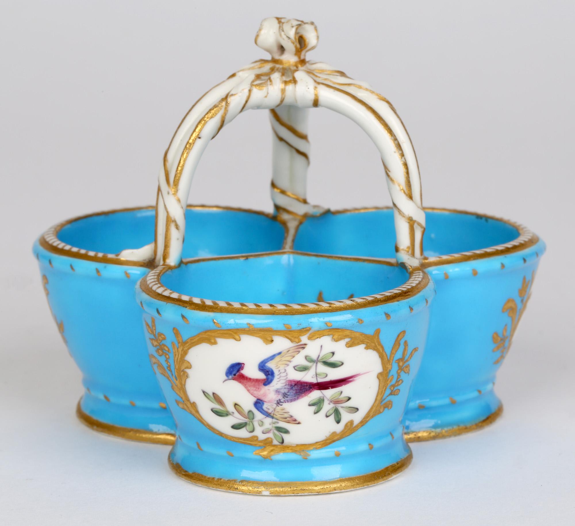 Sèvres Bleu Céleste Porcelain Triple Salt Painted with Birds by Theodore C.1770 5