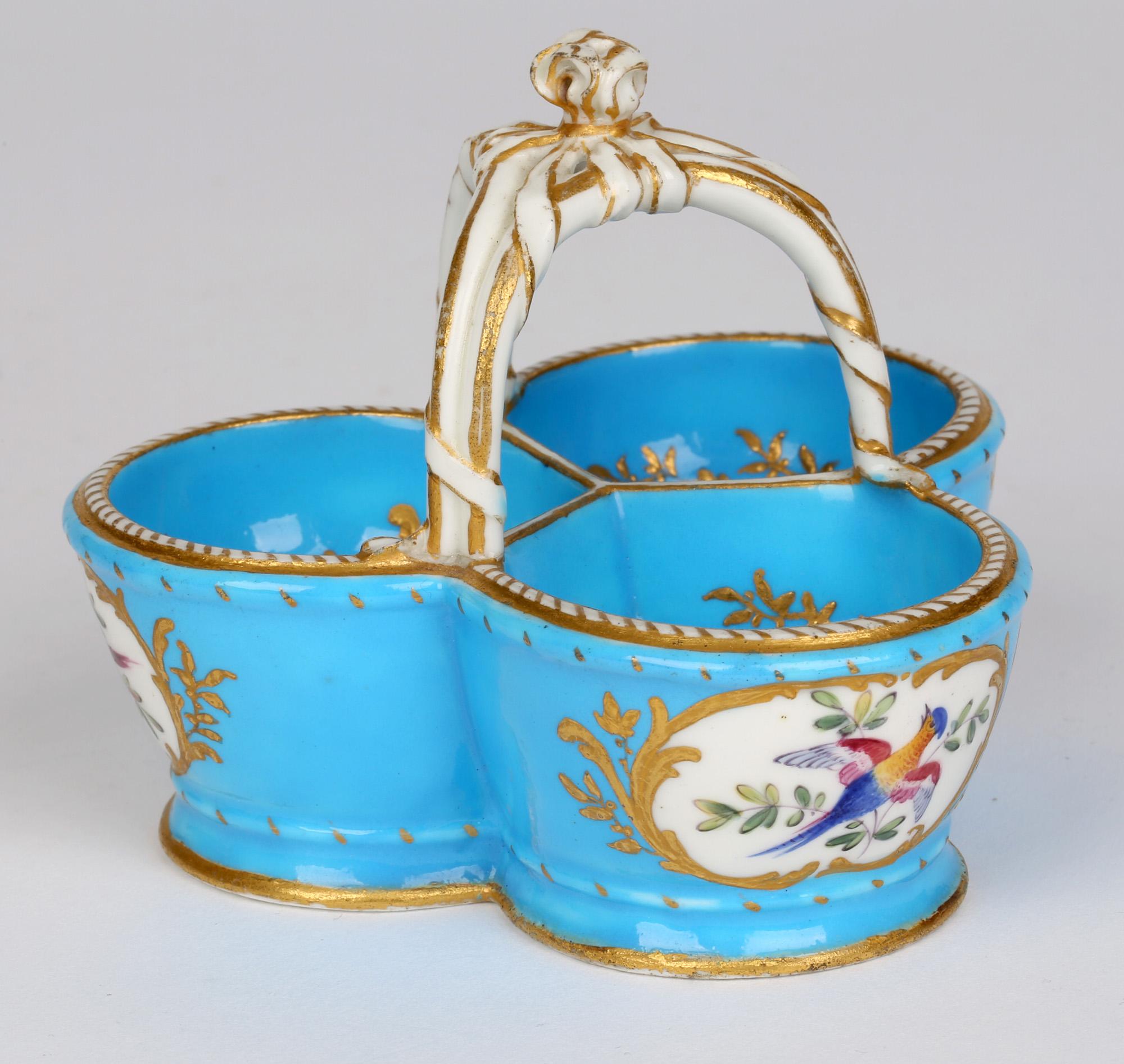 Rococo Sèvres Bleu Céleste Porcelain Triple Salt Painted with Birds by Theodore C.1770