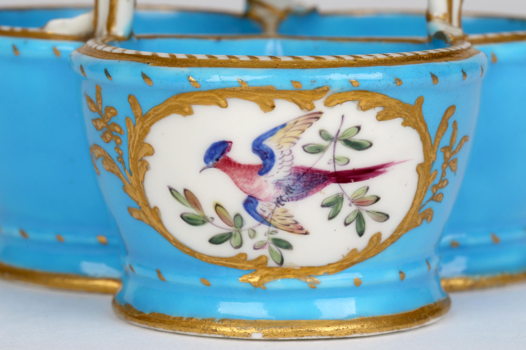18th Century and Earlier Sèvres Bleu Céleste Porcelain Triple Salt Painted with Birds by Theodore C.1770