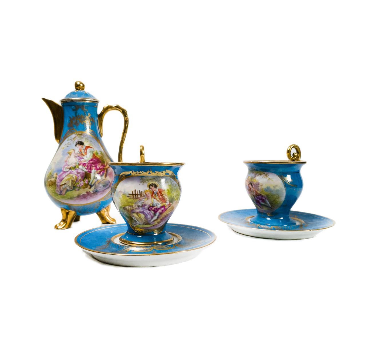 Sèvres Blue and Gold Porcelain Tea Set by Émile Grisard, 19th Century en Bastante bueno estado para la venta en Lisbon, PT