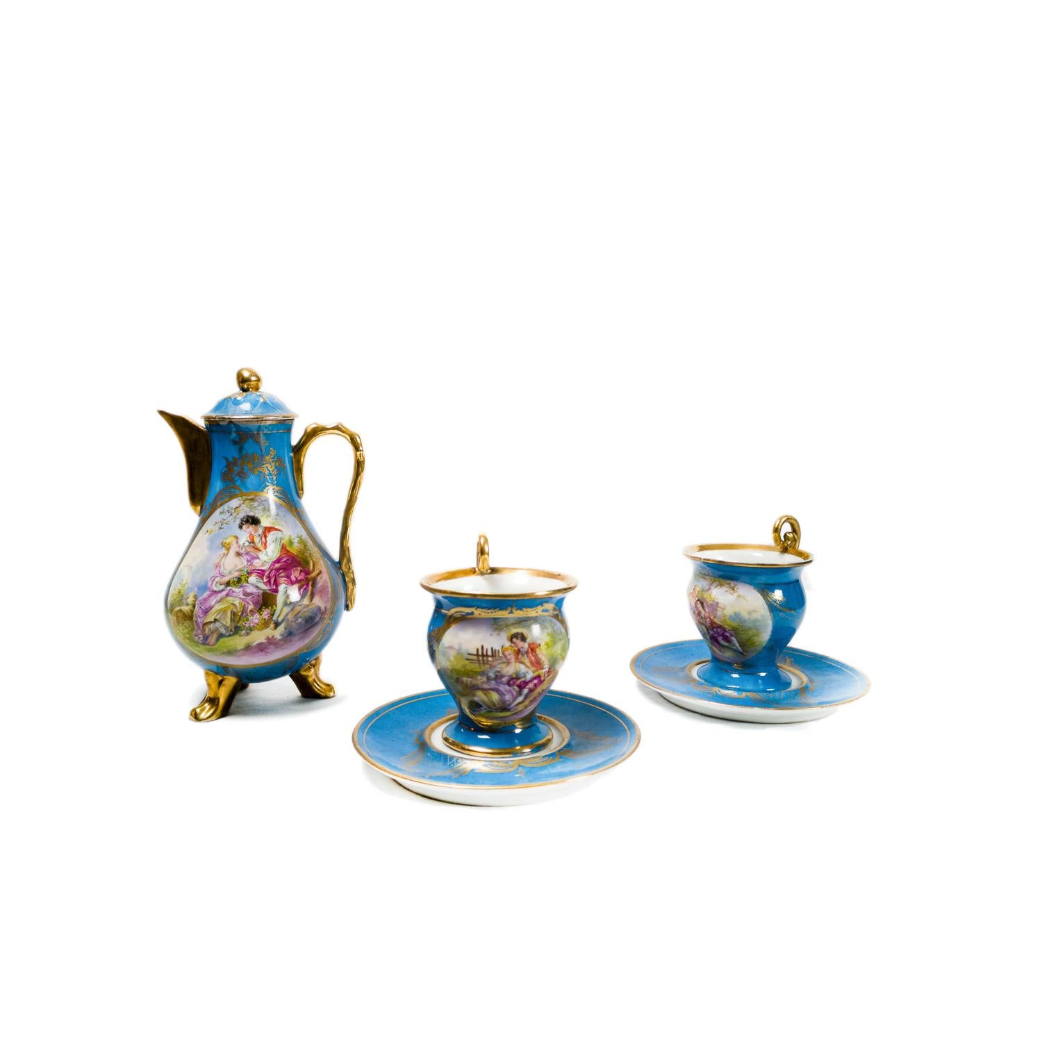 Sèvres Blue and Gold Porcelain Tea Set by Émile Grisard, 19th Century siglo XIX en venta