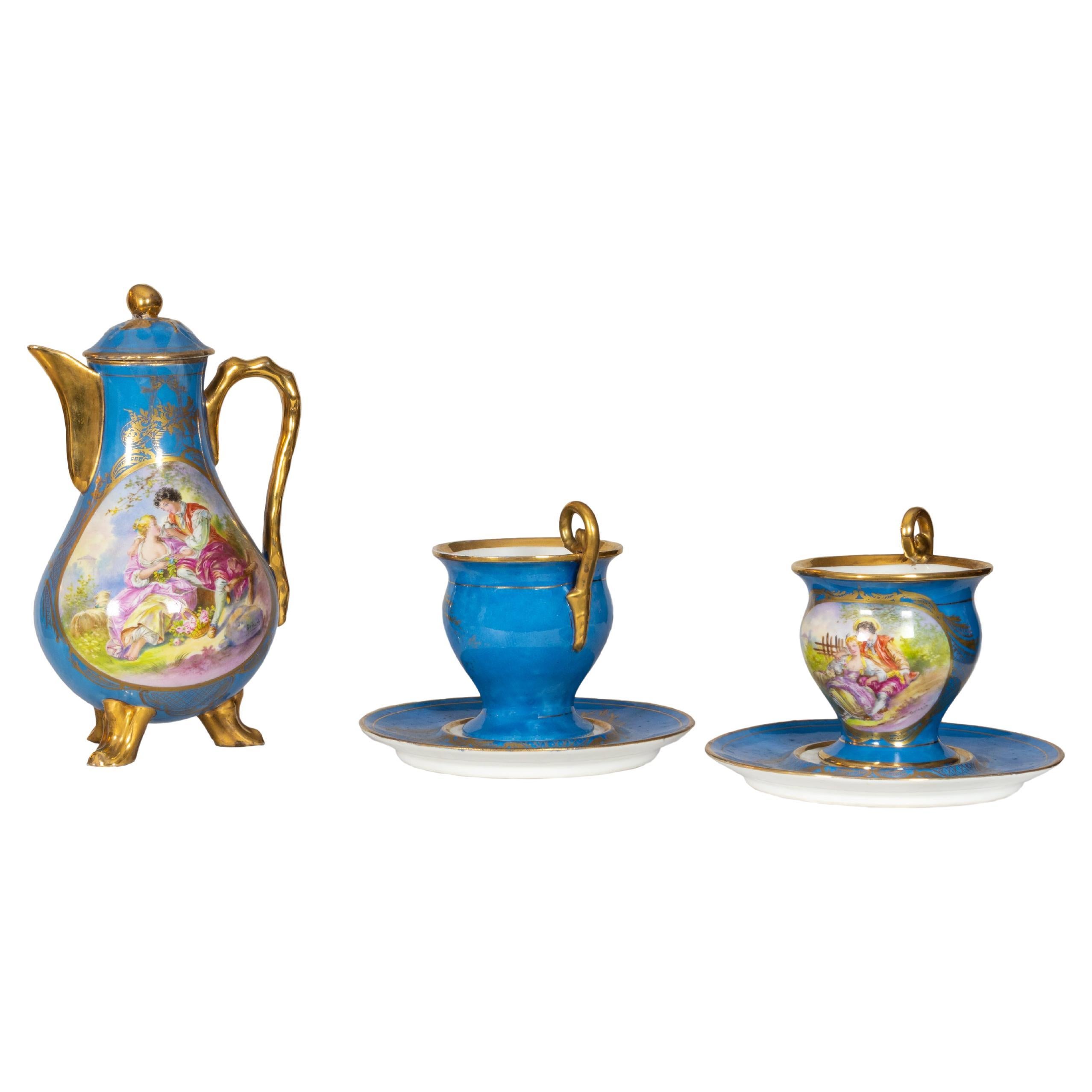 Sèvres Blue and Gold Porcelain Tea Set by Émile Grisard, 19th Century For Sale