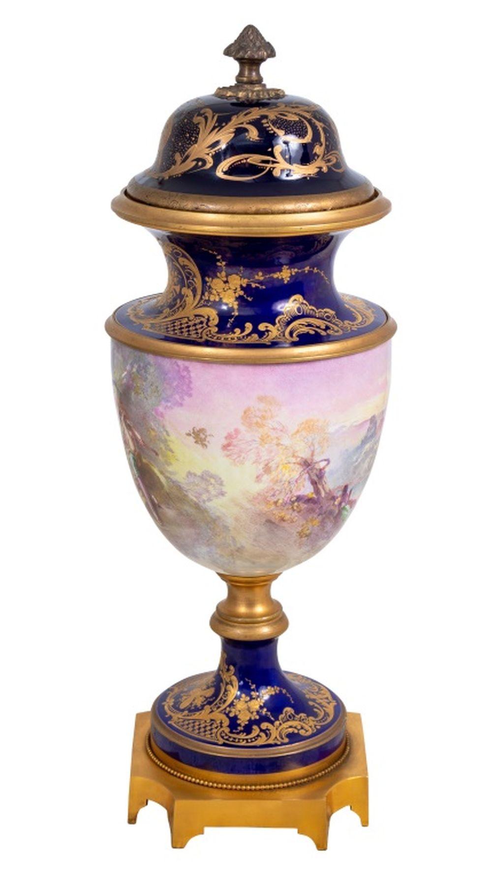 French Sevres Blue Ground Baluster Vase and Cover For Sale