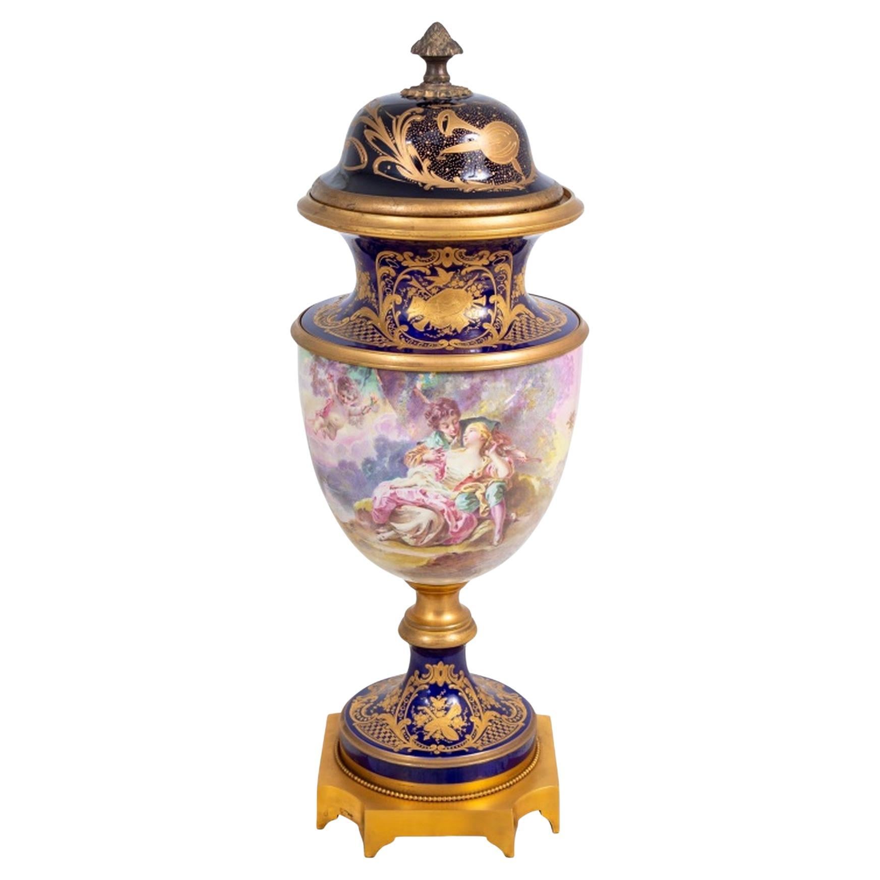 Sevres Blue Ground Baluster Vase and Cover For Sale