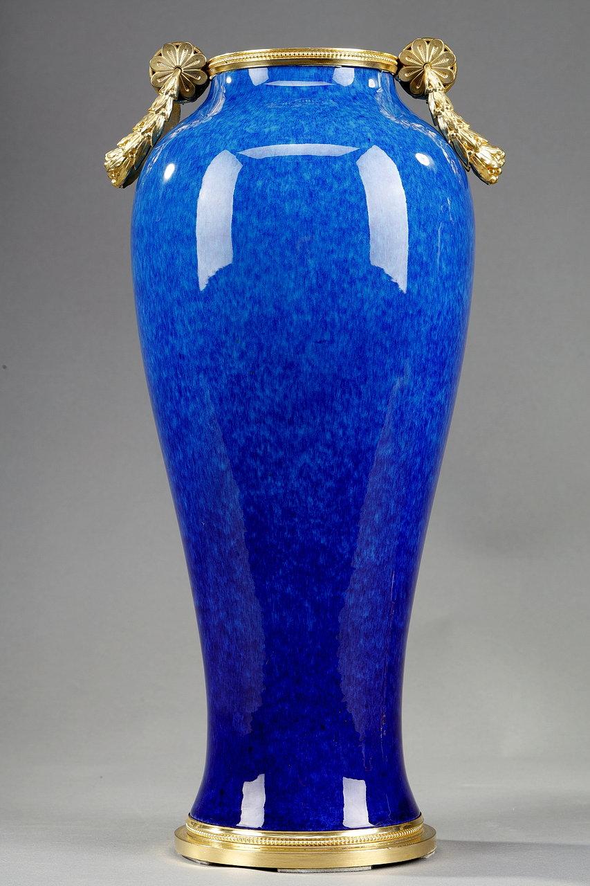 French Sèvres Ceramic Vases with Blue Monochrome Decoration Attributed to Paul Milet For Sale