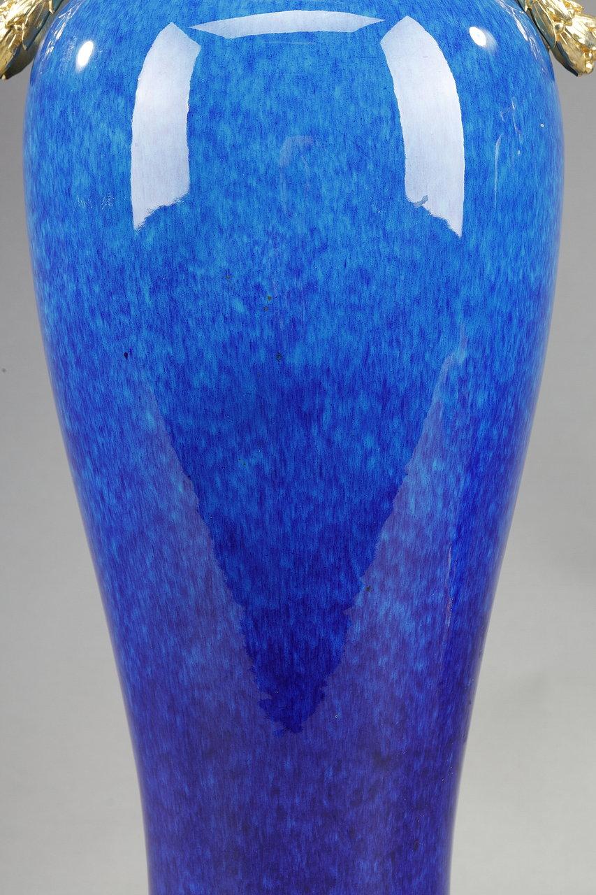 Carved Sèvres Ceramic Vases with Blue Monochrome Decoration Attributed to Paul Milet For Sale