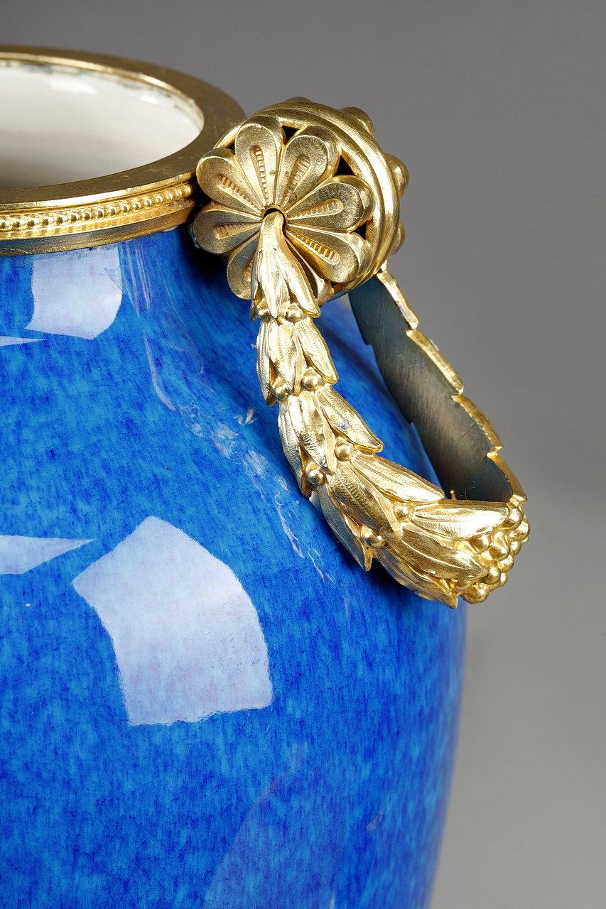 Bronze Sèvres Ceramic Vases with Blue Monochrome Decoration Attributed to Paul Milet For Sale