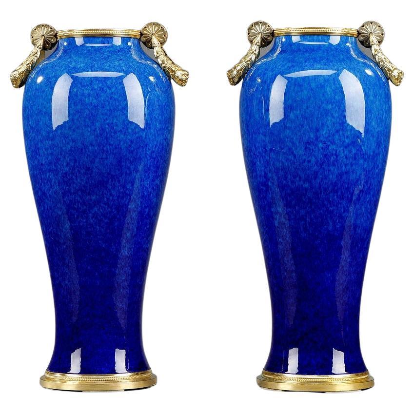 Sèvres Ceramic Vases with Blue Monochrome Decoration Attributed to Paul Milet For Sale