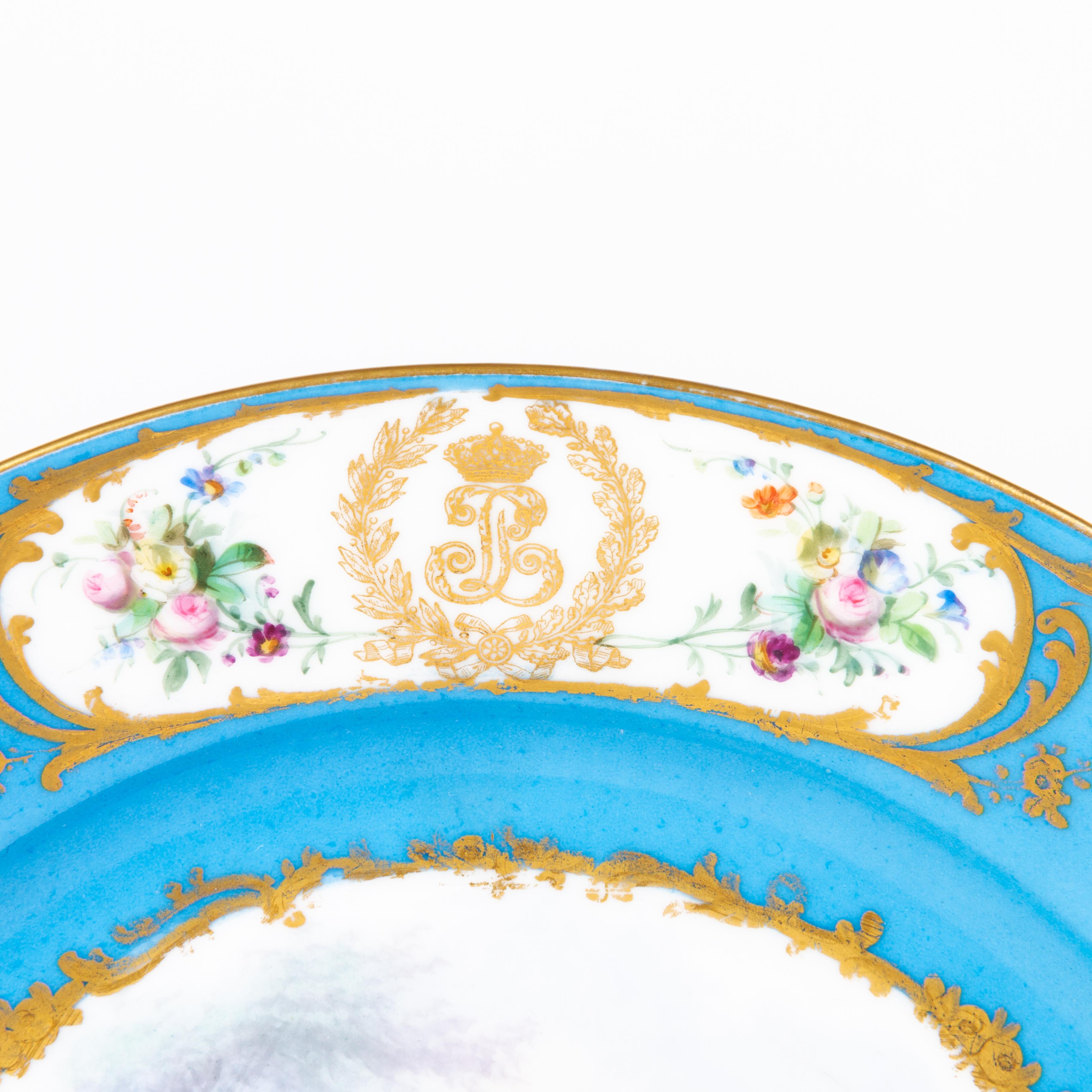 Hand-Painted Sevres Chateau des Tuileries Fine Porcelain Celeste Blue Plate 19th Century  For Sale