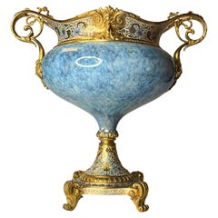 Cuenco de bronce esmaltado azul cáscara de huevo de Sevres y esmalte champleve