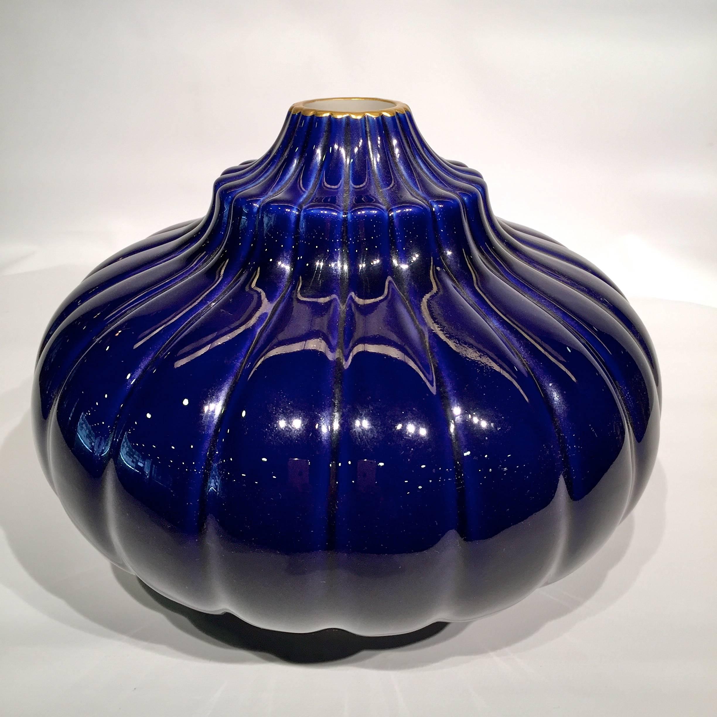 20th Century SEVRES France Art Deco Porcelain Blue and Gold Vase, circa 1930 For Sale