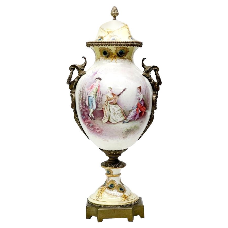 Sevres France Hand Painted Porcelain Bronze Mounted Large Covered Urn For Sale