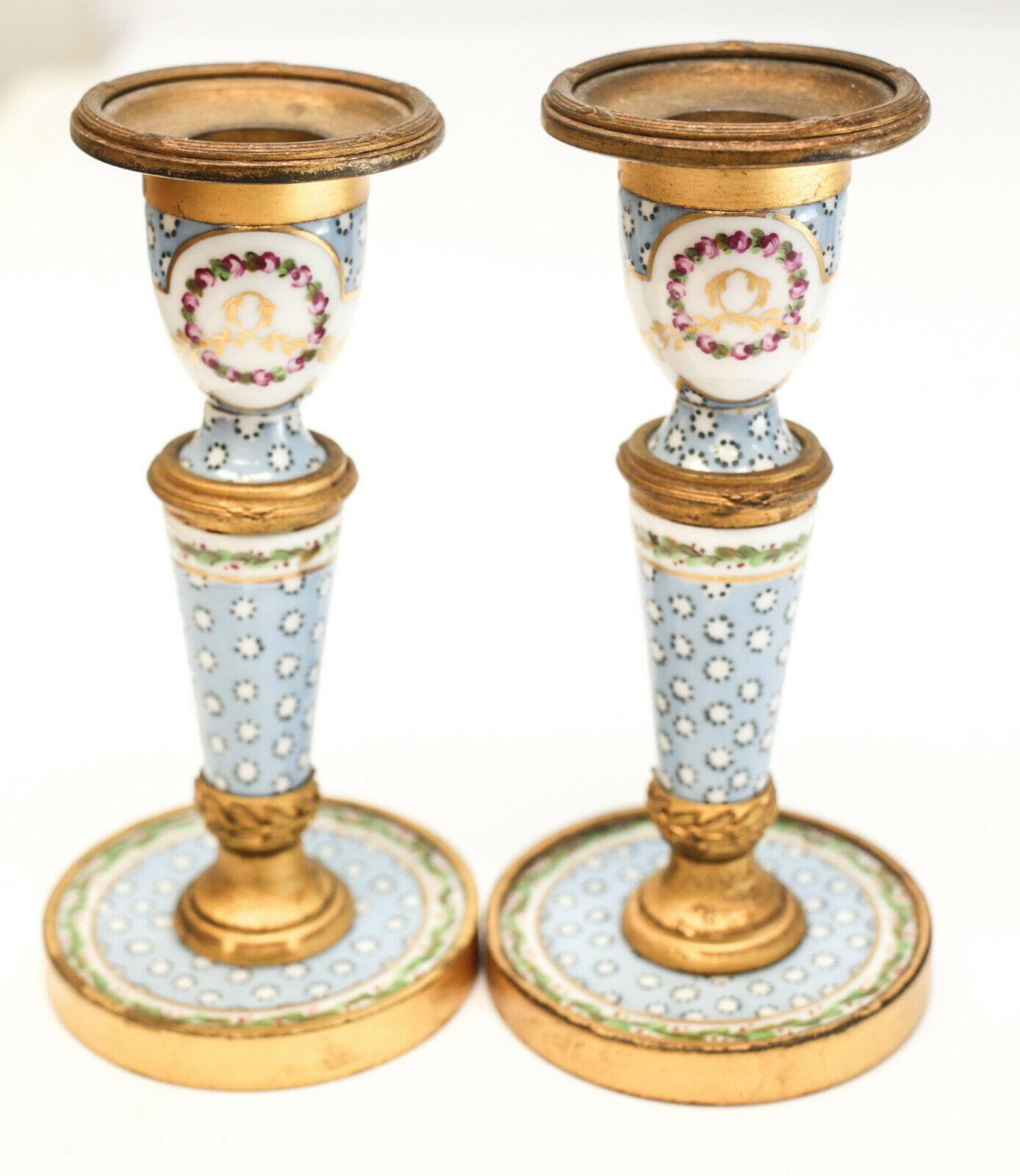 French Sevres France Hand Painted Porcelain Clock Mantel Set, circa 1900 For Sale
