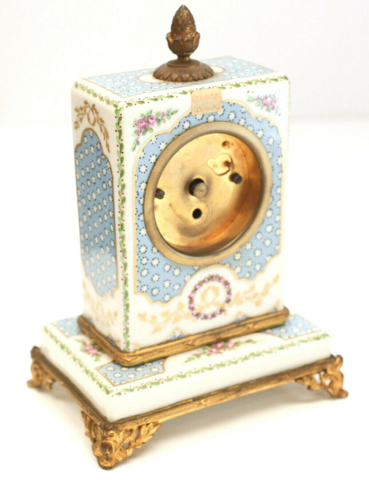 Sevres France Hand Painted Porcelain Clock Mantel Set, circa 1900 In Good Condition For Sale In Gardena, CA
