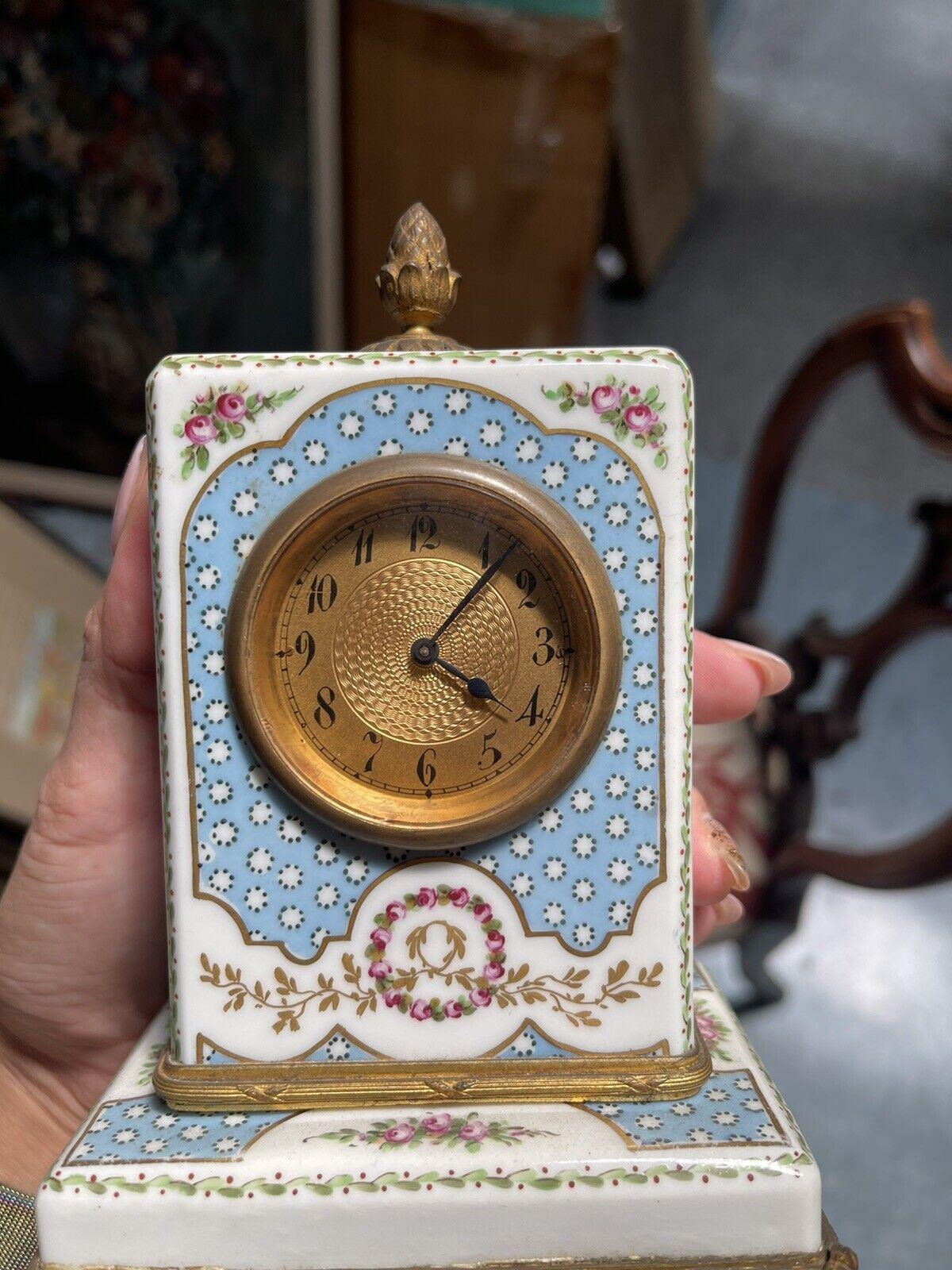 19th Century Sevres France Hand Painted Porcelain Clock Mantel Set, circa 1900 For Sale