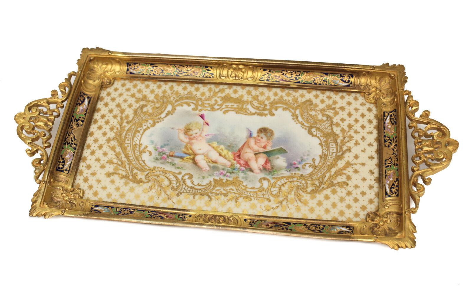Gilt Sevres France Porcelain and Champleve Desk Tray, Cherubs, 19th Century