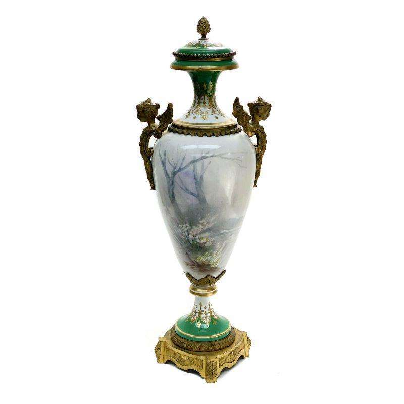 Hand-Painted Sevres France Porcelain Hand Painted Decorative Urn, Late 19th Century For Sale