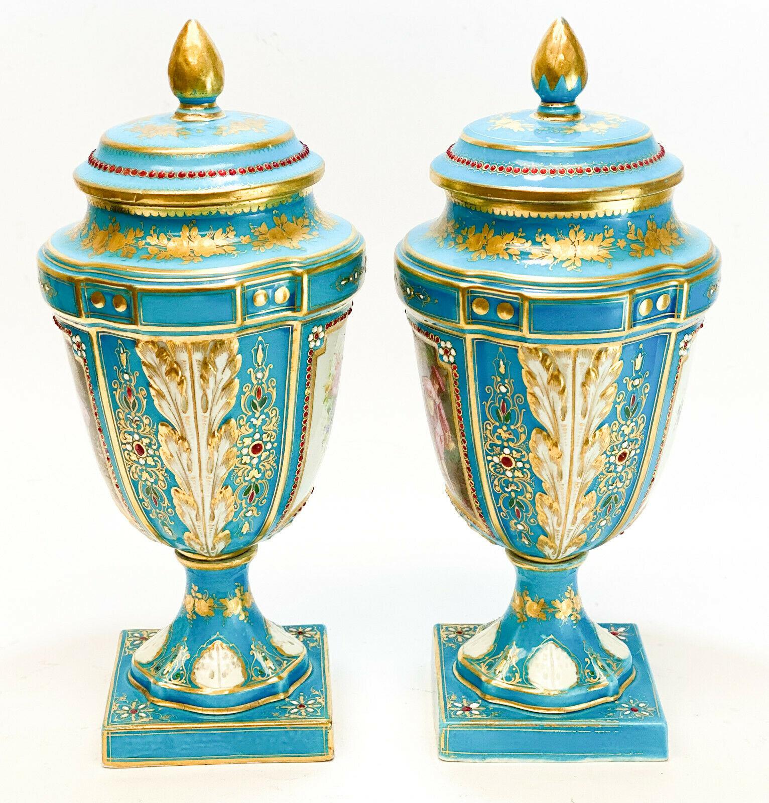 European Sèvres France Porcelain Jeweled Enamel Lidded Urns For Sale