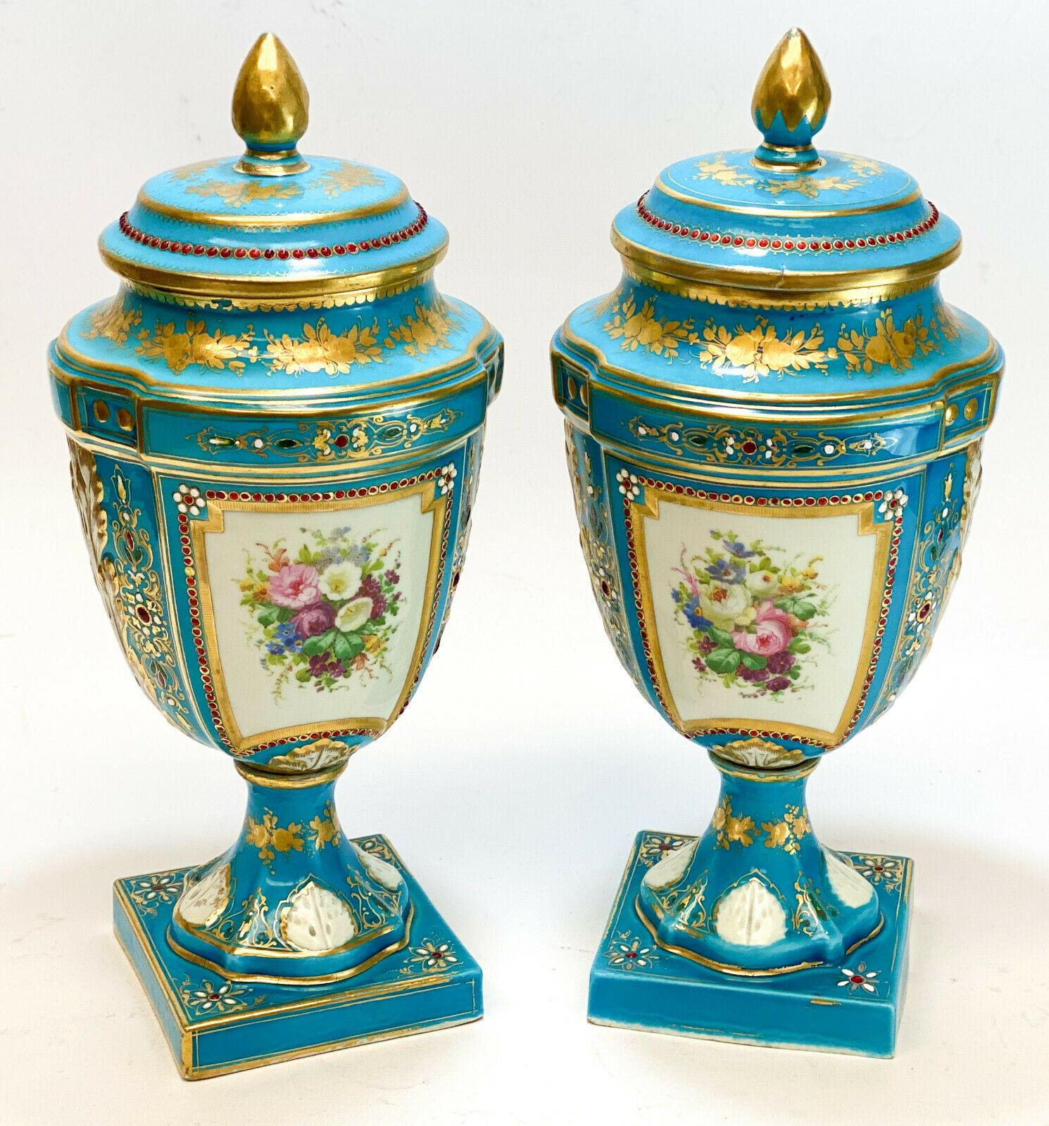 Sèvres France Porcelain Jeweled Enamel Lidded Urns In Good Condition For Sale In Pasadena, CA