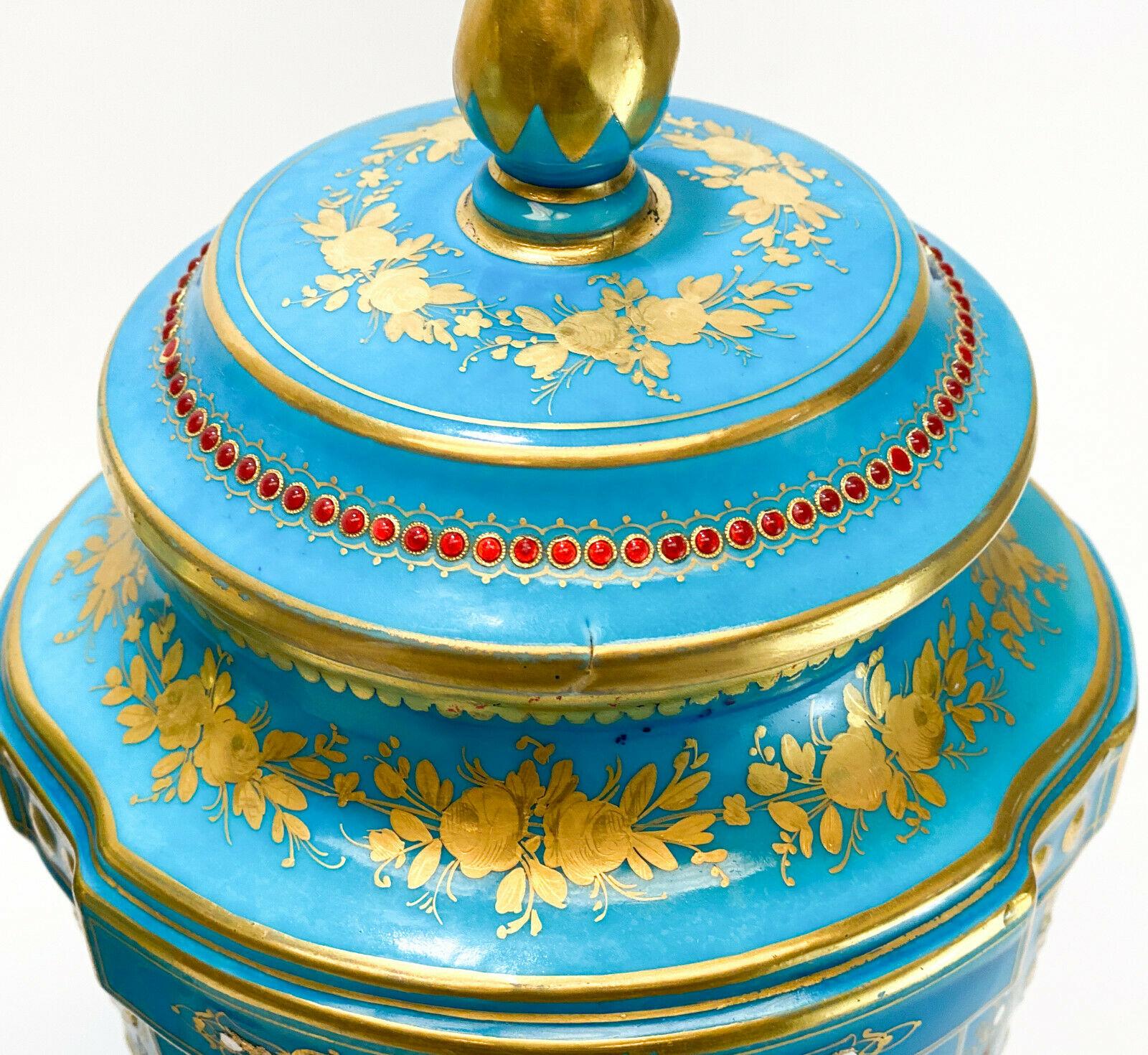 19th Century Sèvres France Porcelain Jeweled Enamel Lidded Urns For Sale