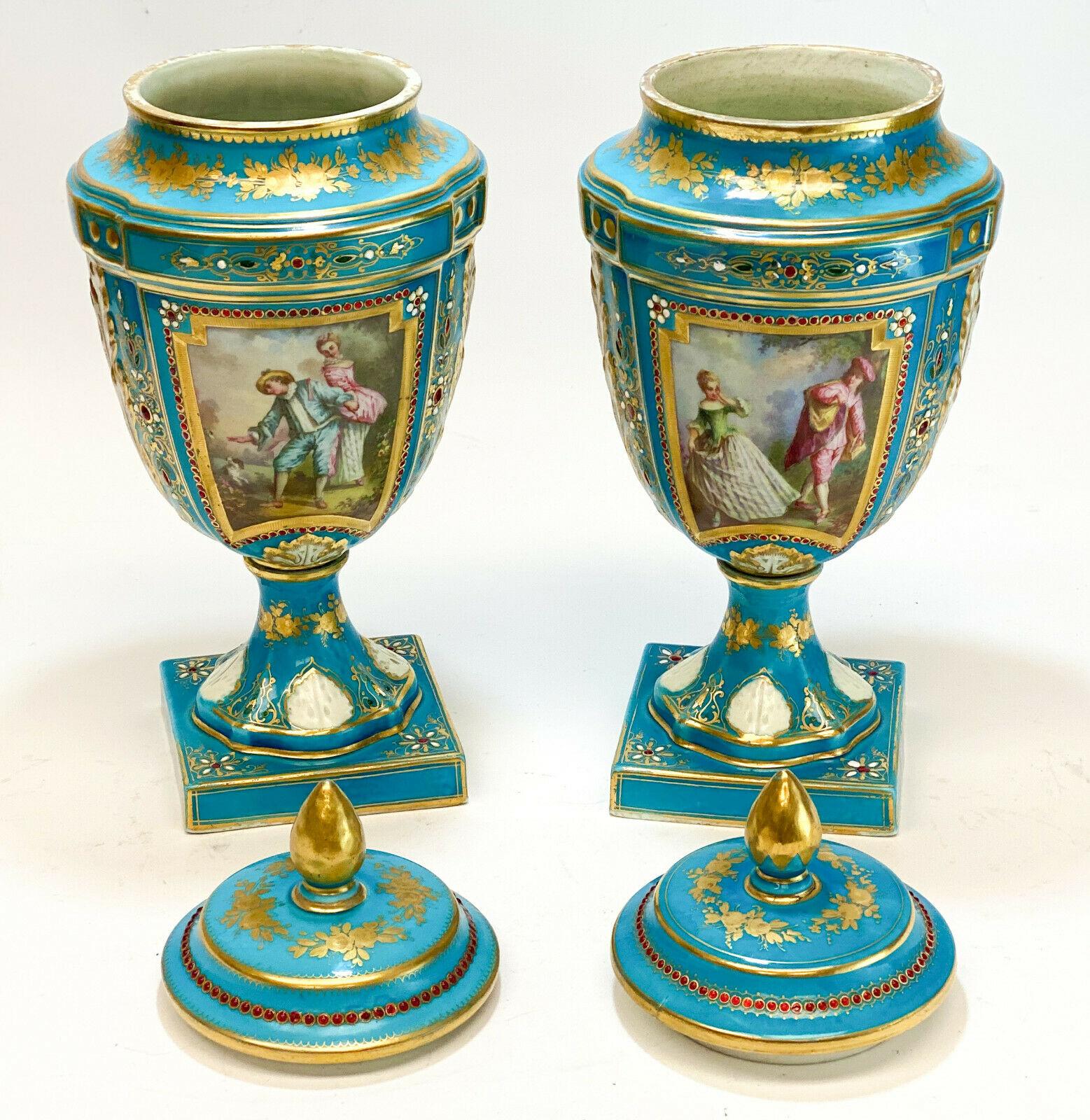 Sèvres France Porcelain Jeweled Enamel Lidded Urns For Sale 1