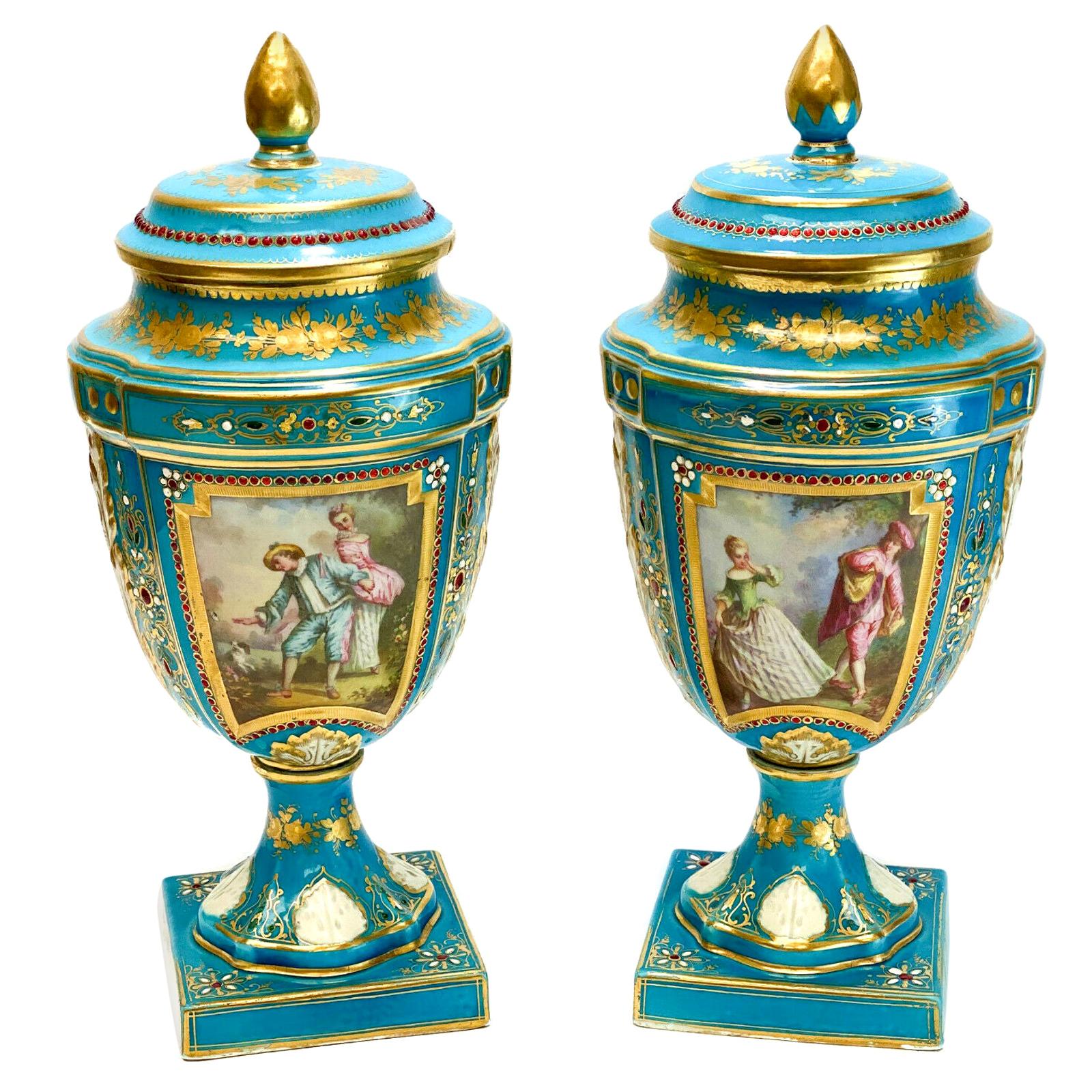Sèvres France Porcelain Jeweled Enamel Lidded Urns For Sale
