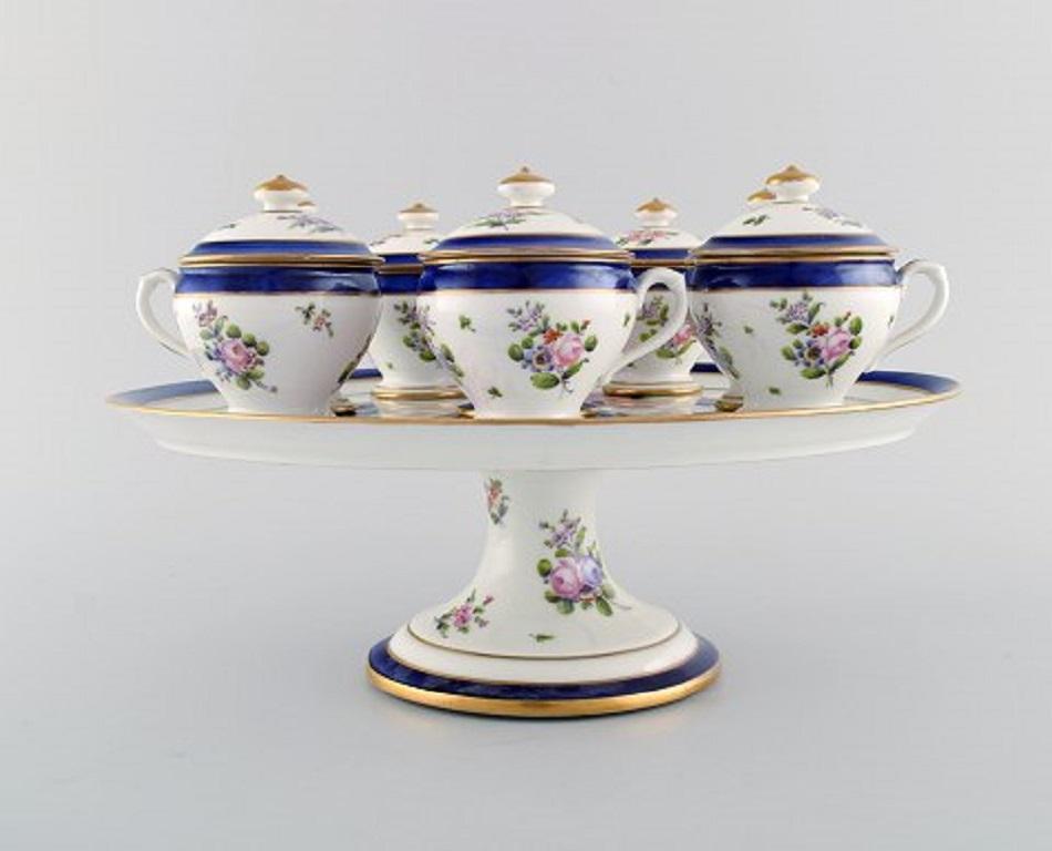 French Sevres, France, Seven Antique Cream Cups on Compote in Hand Painted Porcelain