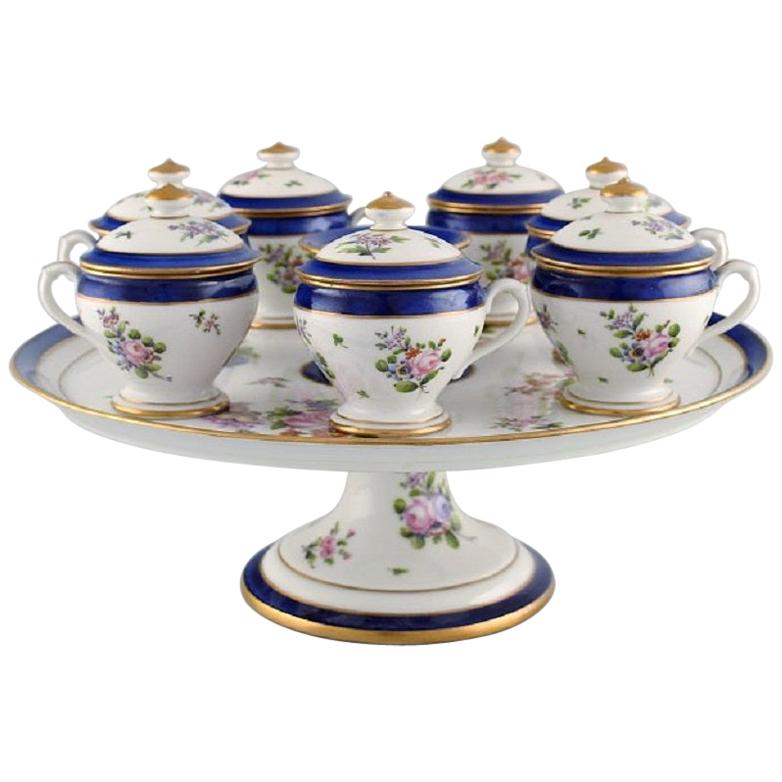 Sevres, France, Seven Antique Cream Cups on Compote in Hand Painted Porcelain