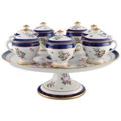 Sevres, France, Seven Antique Cream Cups on Compote in Hand Painted Porcelain