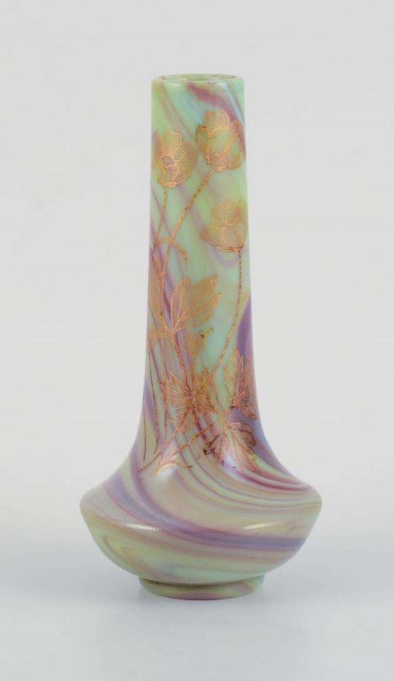 Sevres, French art glass vase with hand-painted marble decoration and gold-decorated flower bouquet.
Early 20th c.
Signed.
In perfect condition.
Dimensions: H 19.5 cm x D 9.5 cm.