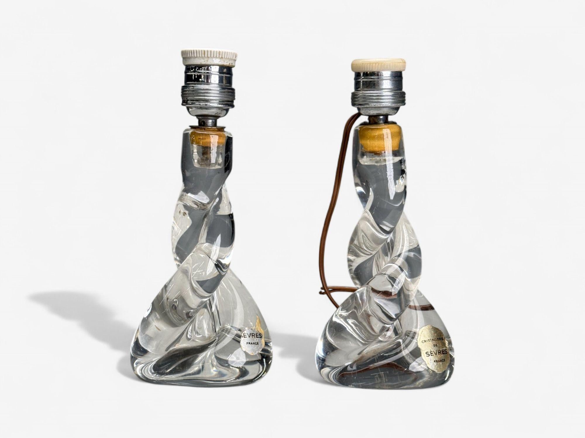 Vetro Sevres, French Modern, Glass, Brass, Small Table Lamps, France, 1960s in vendita